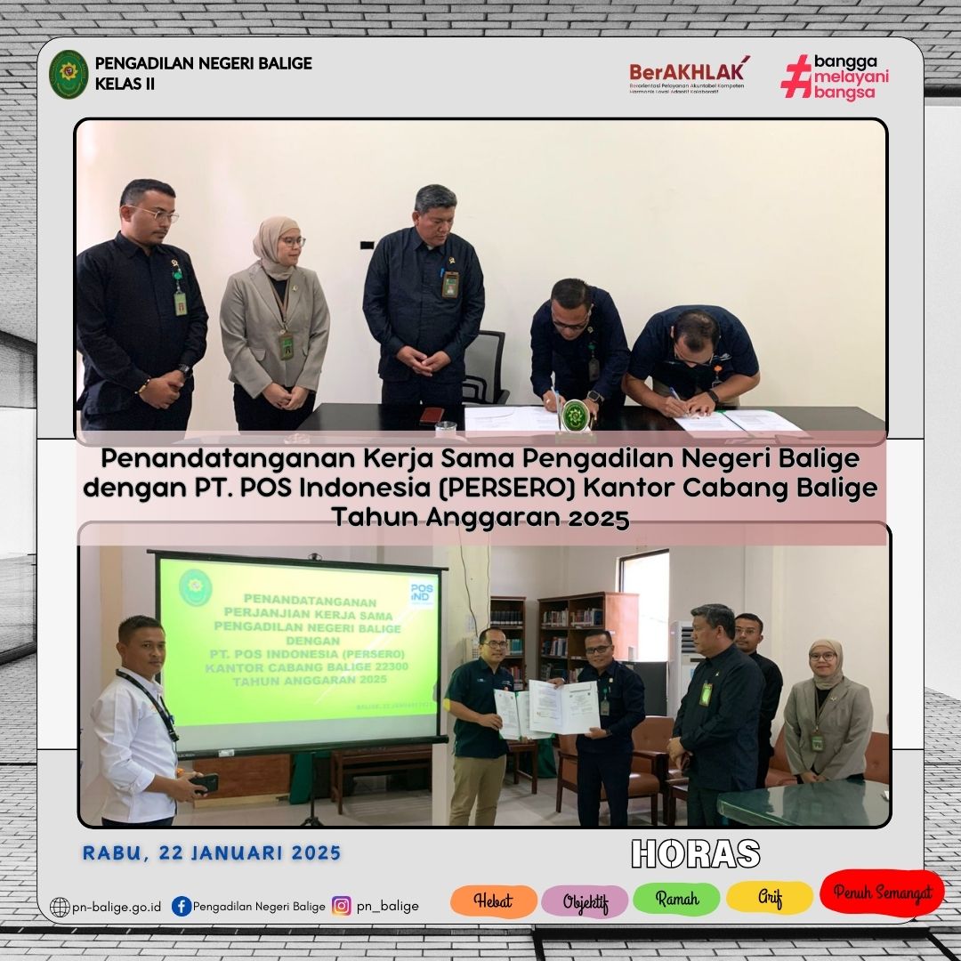 Penandatanganan Kerja Sama Pengadilan Negeri Balige dengan PT. POS Indonesia (PERSERO) Kantor Cabang Balige Tahun Anggaran 2025 Penandatanganan Kerja Sama Pengadilan Negeri Balige dengan PT. POS Indonesia (PERSERO) Kantor Cabang Balige Tahun Anggaran 2025