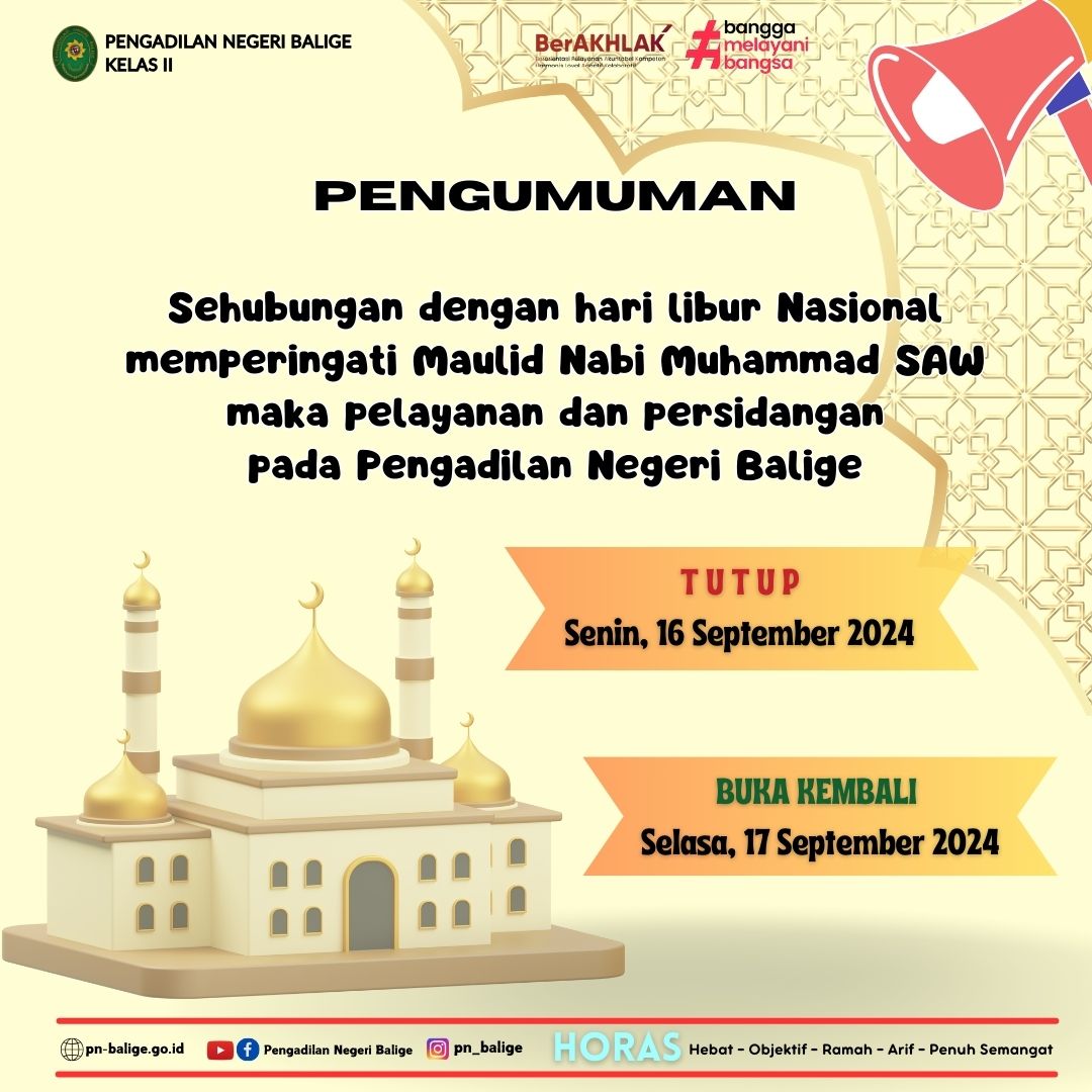 PENGUMUMAN HARI LIBUR MEMPERINGATI MAULID NABI MUHAMMAD SAW PENGUMUMAN HARI LIBUR MEMPERINGATI MAULID NABI MUHAMMAD SAW