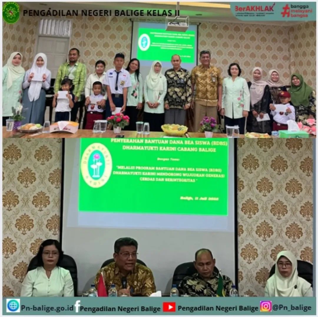 DHARMAYUKTI KARINI CABANG BALIGE SERAHKAN BANTUAN DANA BEASISWA DI LINGKUNGAN PENGADILAN NEGERI BALIGE DAN PENGADILAN AGAMA BALIGE
