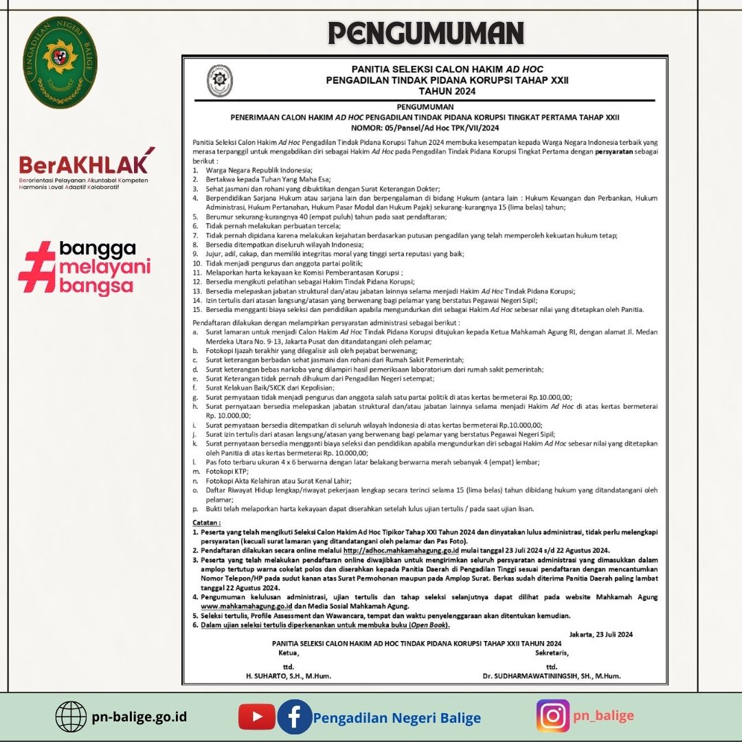 PENERIMAAN CALON HAKIM AD HOC PENGADILAN TINDAK PIDANA KORUPSI TINGKAT PERTAMA TAHAP XXII TAHUN 2024