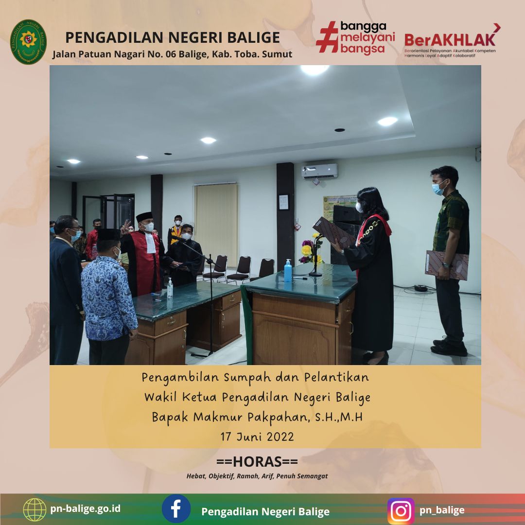 Pengambilan Sumpah dan Pelantikan Wakil Ketua Pengadilan Negeri Balige Bapak Makmur Pakpahan, S.H.,M.H