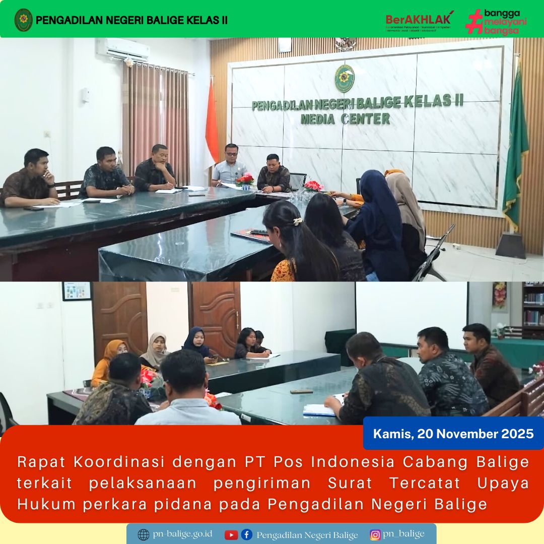 RAPAT KOORDINASI DENGAN PT POS INDONESIA CABANG BALIGE TERKAIT PENGIRIMAN SURAT TERCATAT UPAYA HUKUM PERKARA PIDANA RAPAT KOORDINASI DENGAN PT POS INDONESIA CABANG BALIGE TERKAIT PENGIRIMAN SURAT TERCATAT UPAYA HUKUM PERKARA PIDANA