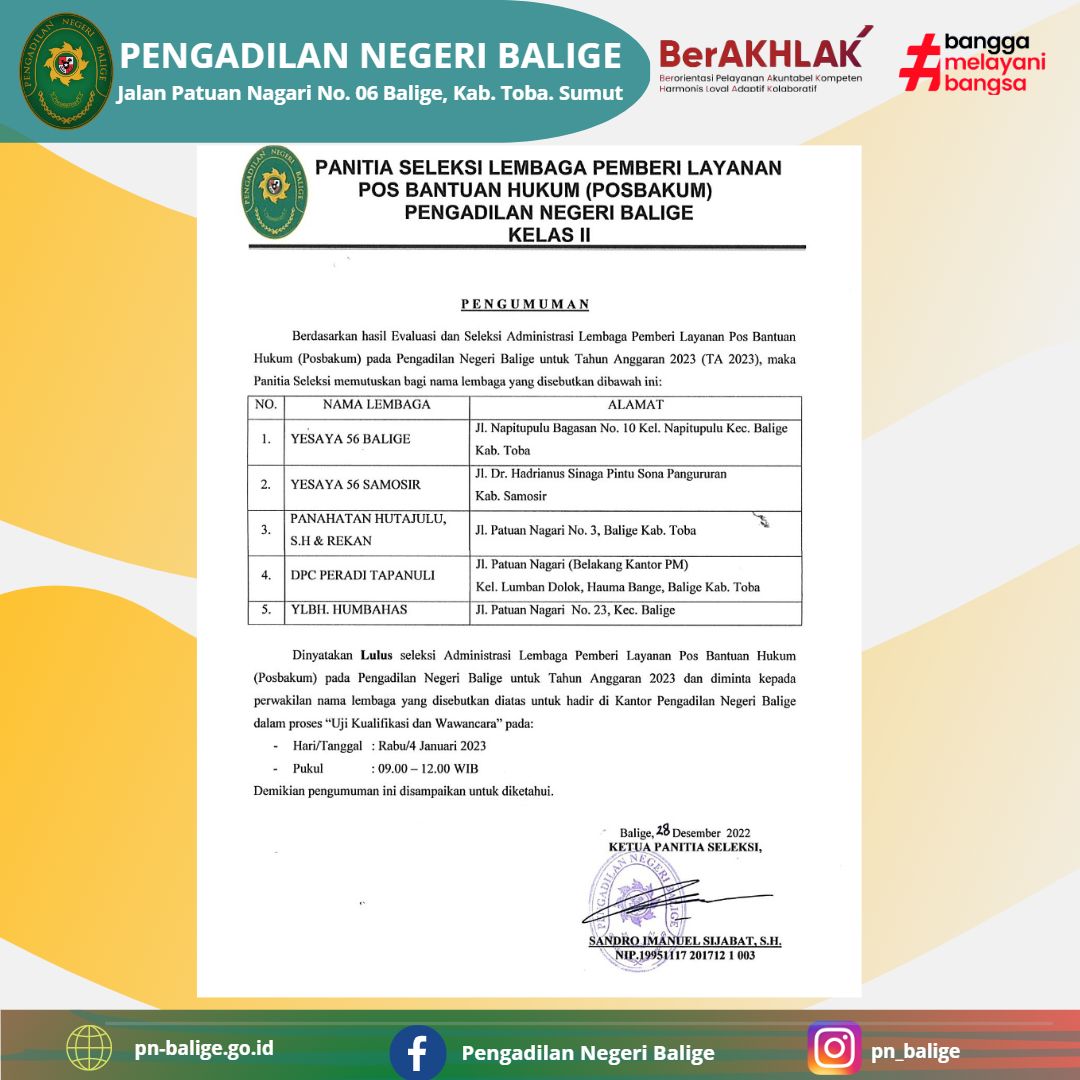 PENGUMUMAN Seleksi Administrasi Posbakum Tahun Angaran 2023